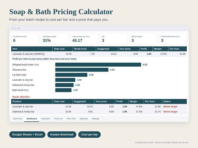 Soap & Bath Pricing Calculator spreadsheet preview