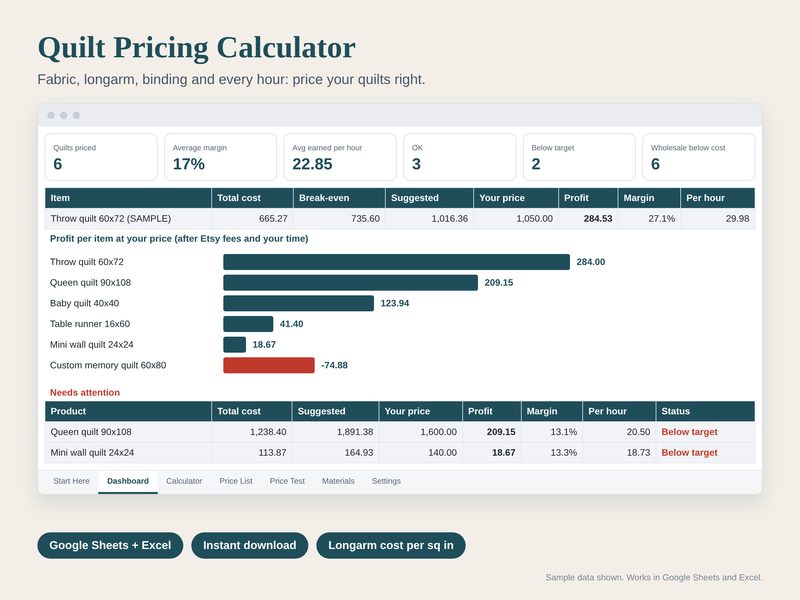 Quilt Pricing Calculator spreadsheet preview