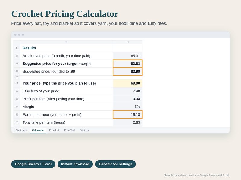 Crochet Pricing Calculator spreadsheet preview