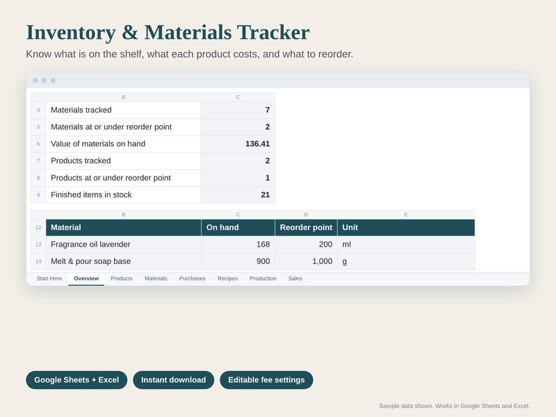 Inventory & Materials Tracker spreadsheet preview